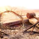 Wooden Cross With Crown Of Thorns Hammer And Bloody Nails