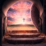 Easter Sunday concept: Tomb empty with cross on sunset background